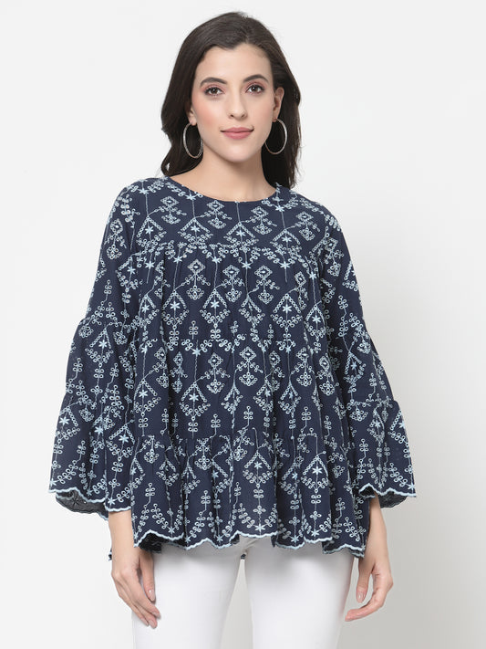 Women's Blue Cotton Ethnic Embroidered Peplum Top By Room9 The Popup Store