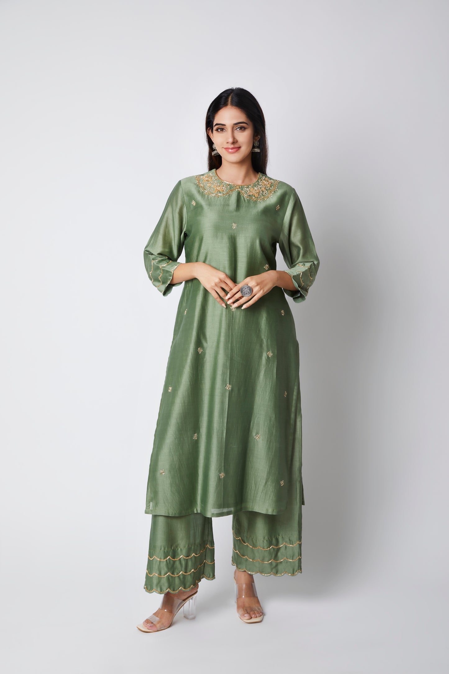 Women's Earthy Elegance Handcrafted Muddy Green Chanderi Suit Set By Room9 The Popup Store