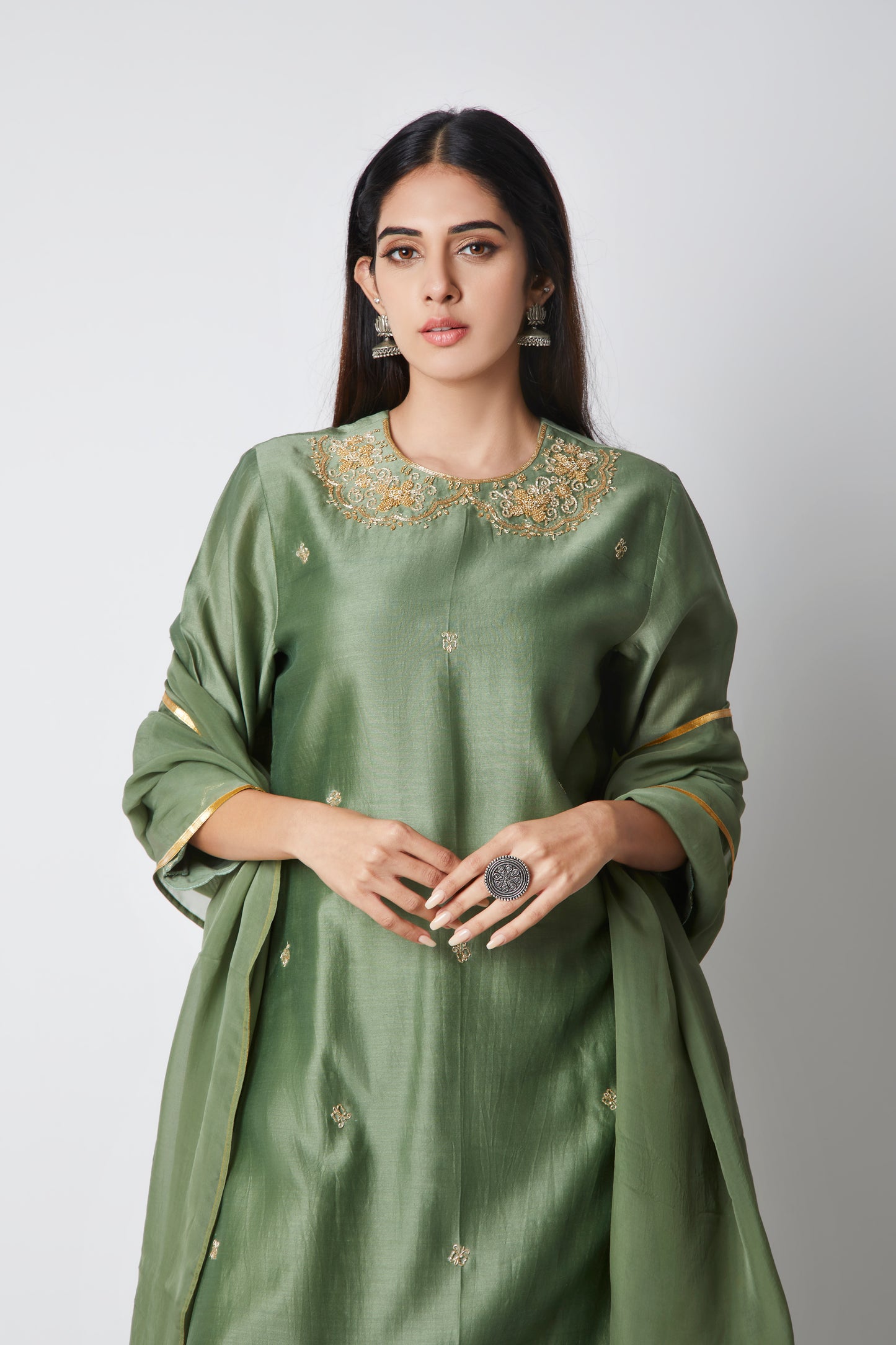 Women's Earthy Elegance Handcrafted Muddy Green Chanderi Suit Set By Room9 The Popup Store