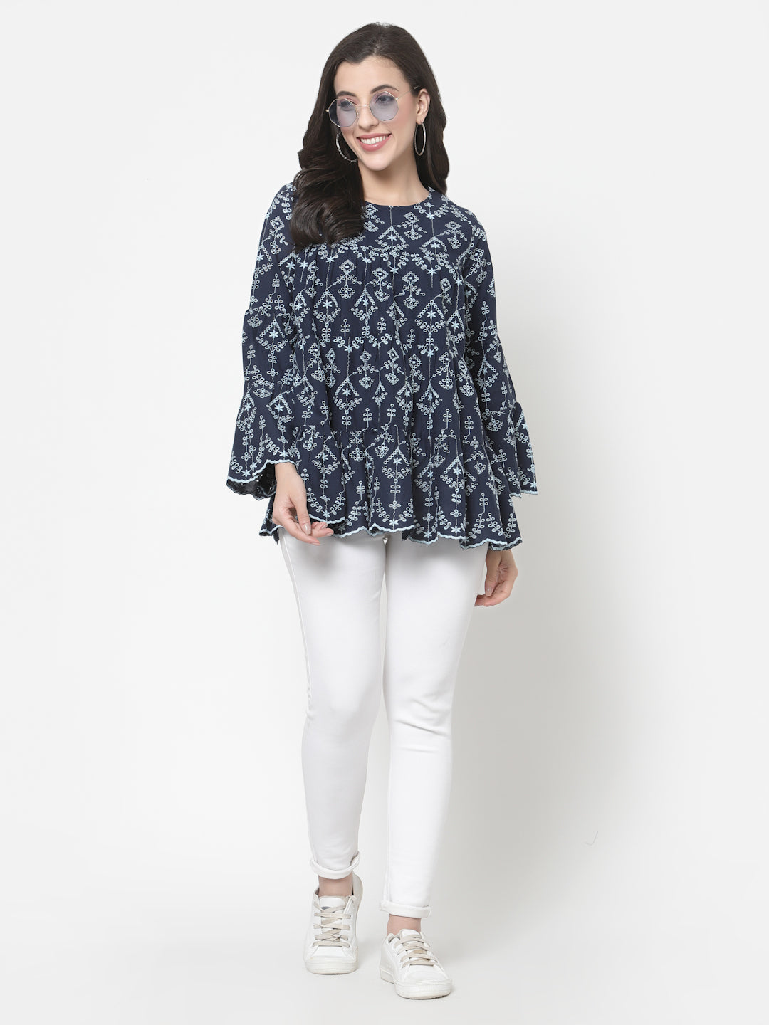 Women's Blue Cotton Ethnic Embroidered Peplum Top By Room9 The Popup Store
