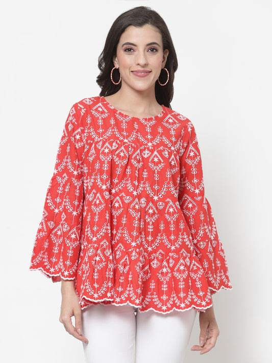 Women's Red Cotton Ethnic Embroidered Peplum Top By Room9 The Popup Store