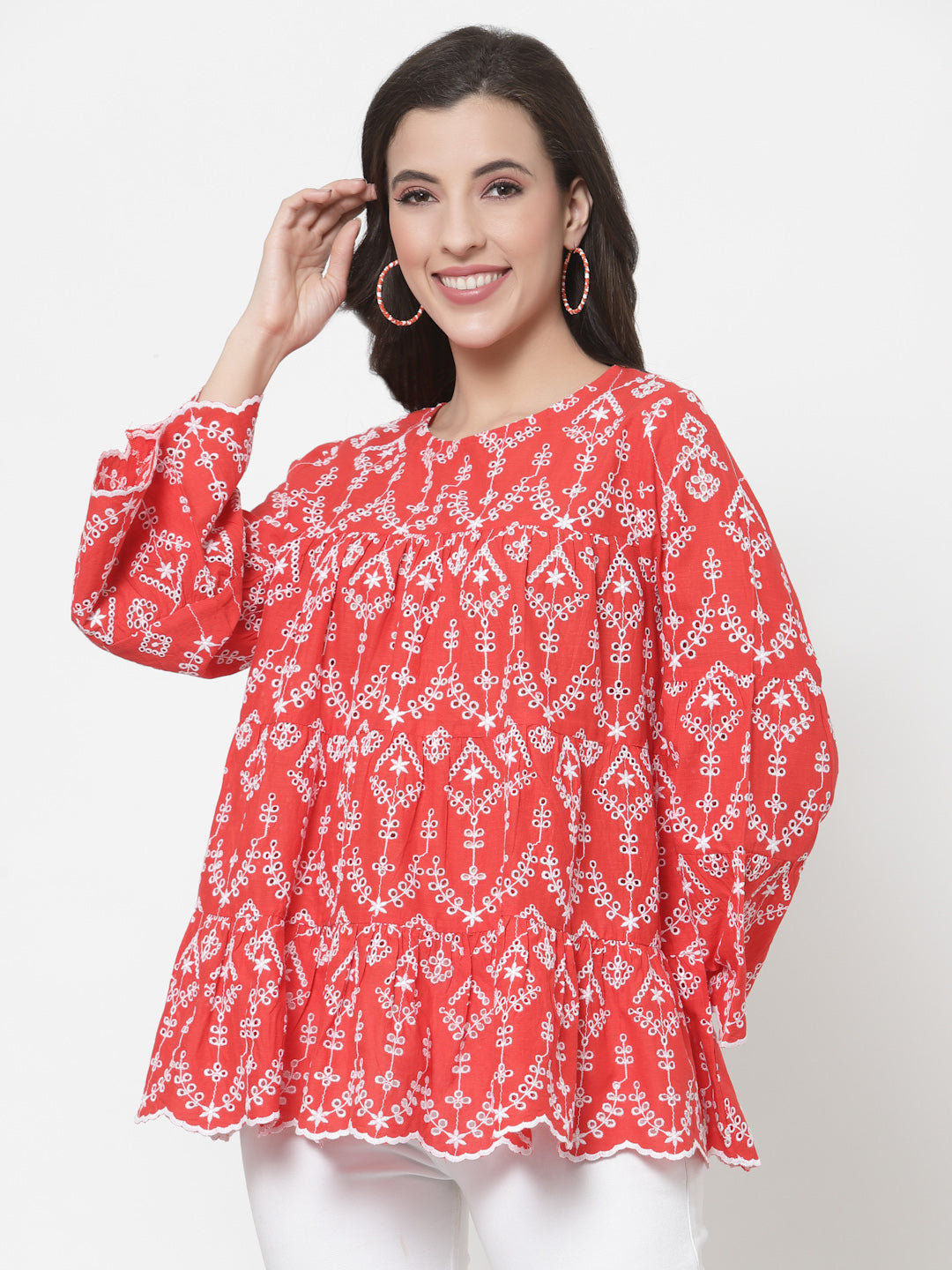 Women's Red Cotton Ethnic Embroidered Peplum Top By Room9 The Popup Store