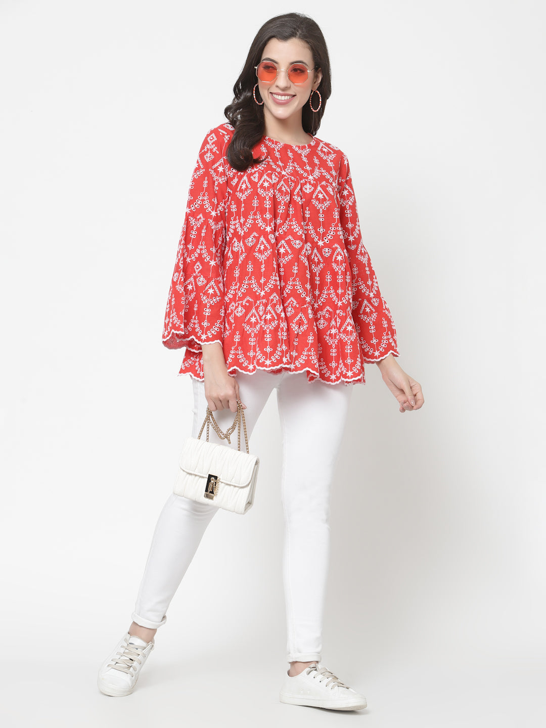 Women's Red Cotton Ethnic Embroidered Peplum Top By Room9 The Popup Store