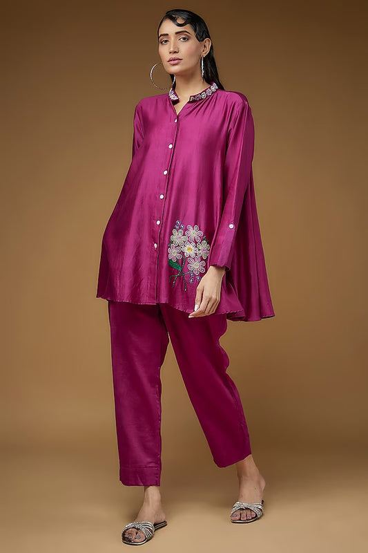 Women's Pink Pure Chanderi Silk Embroidered Co-Ord Set By Room9 The Popup Store