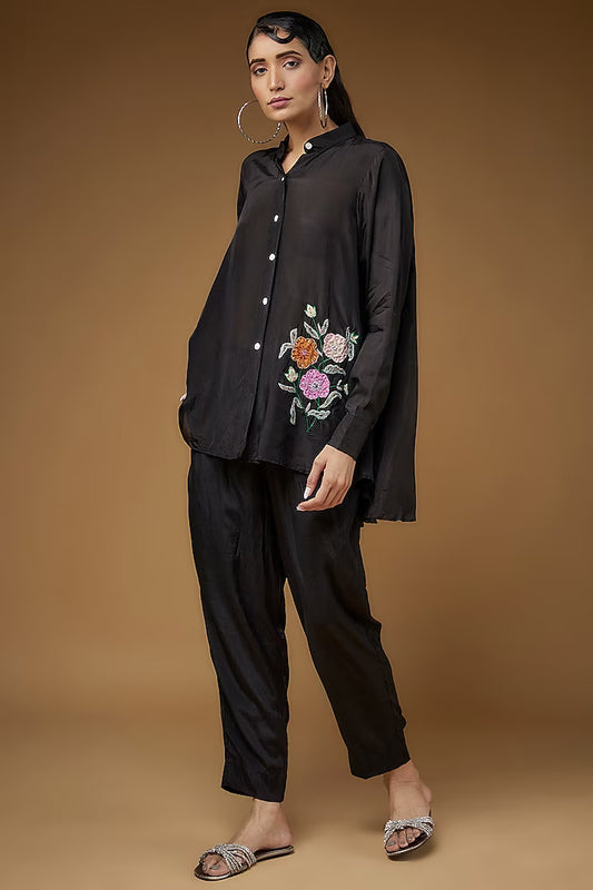 Women's Black Pure Habutai Silk Embroidered Co-Ord Set By Room9 The Popup Store