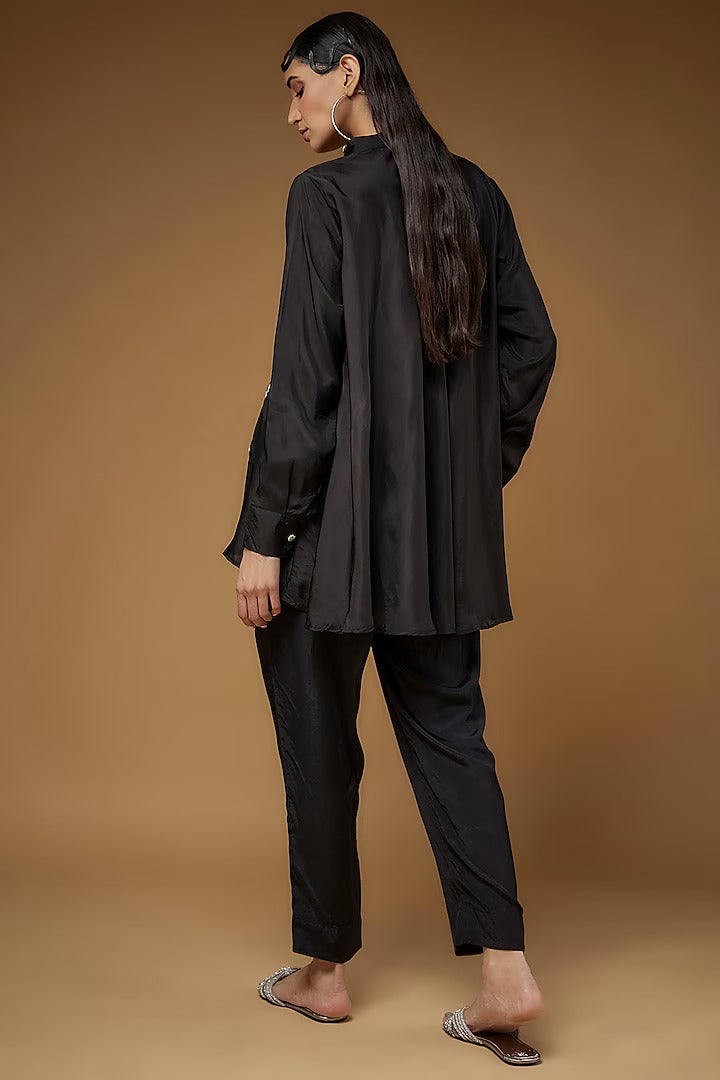 Women's Black Pure Habutai Silk Embroidered Co-Ord Set By Room9 The Popup Store