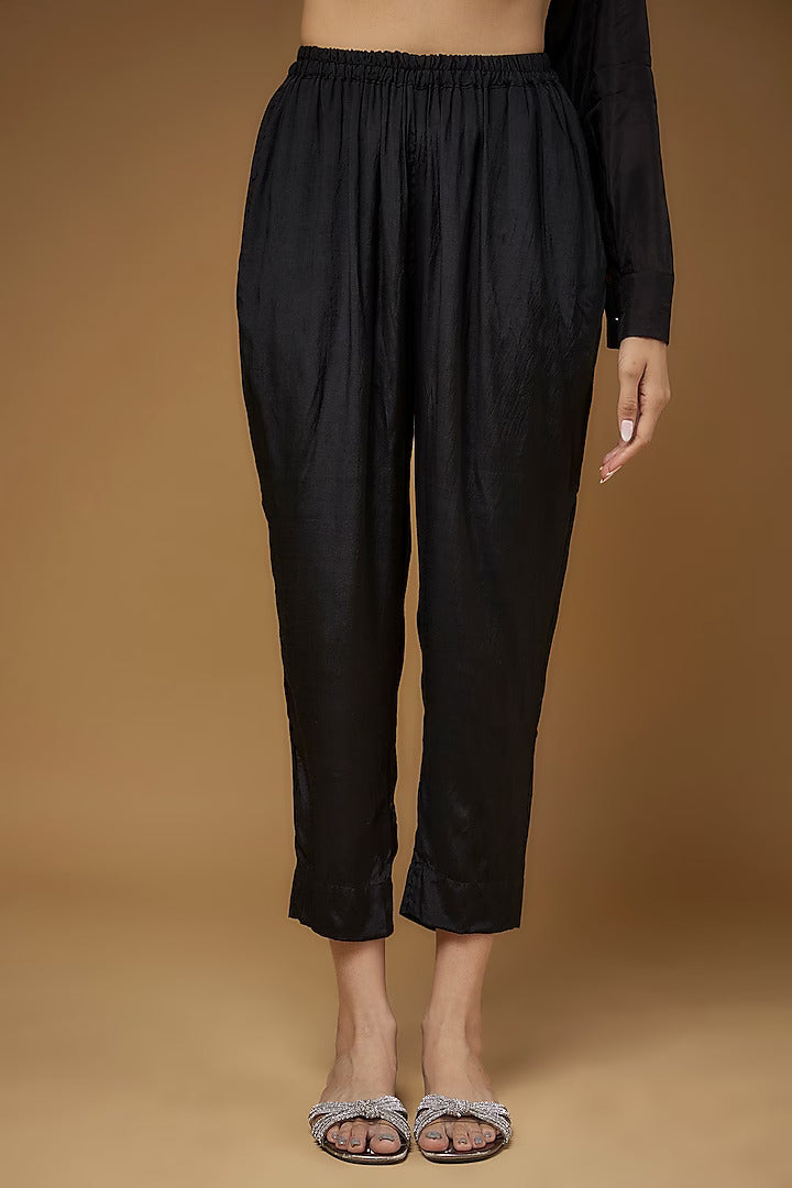 Women's Black Pure Habutai Silk Embroidered Co-Ord Set By Room9 The Popup Store