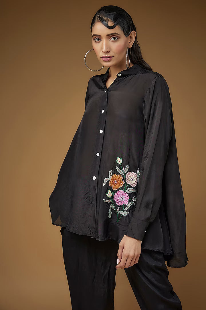 Women's Black Pure Habutai Silk Embroidered Co-Ord Set By Room9 The Popup Store
