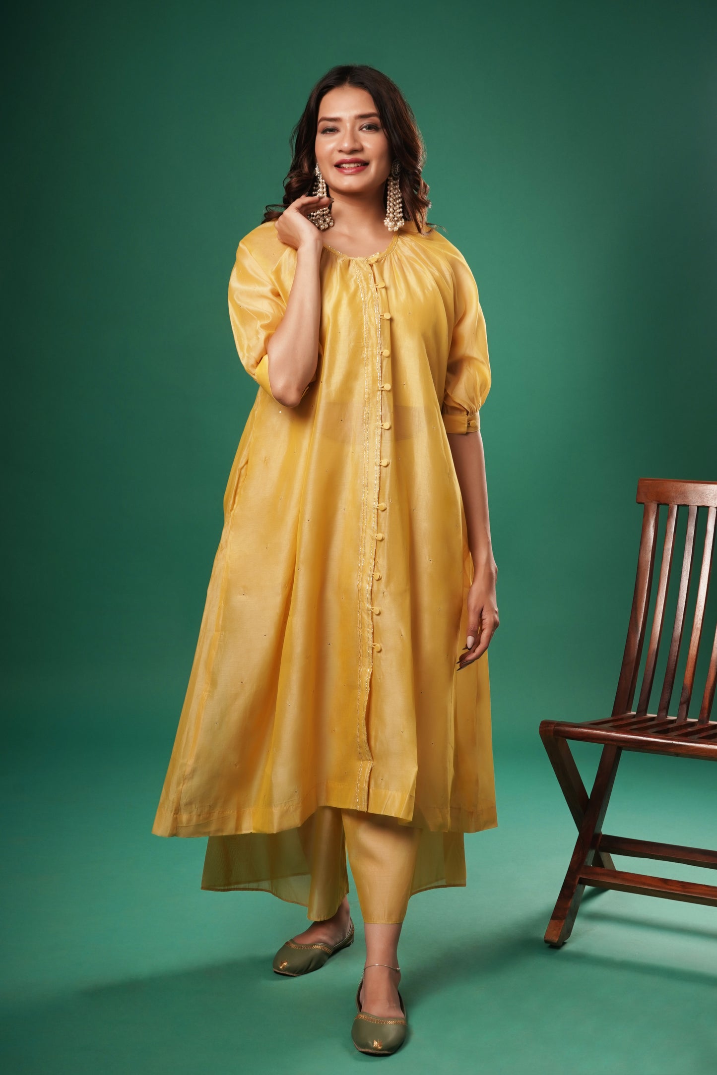 Women's Yellow Chanderi Cotton Muqaish Set By Room9 The Popup Store