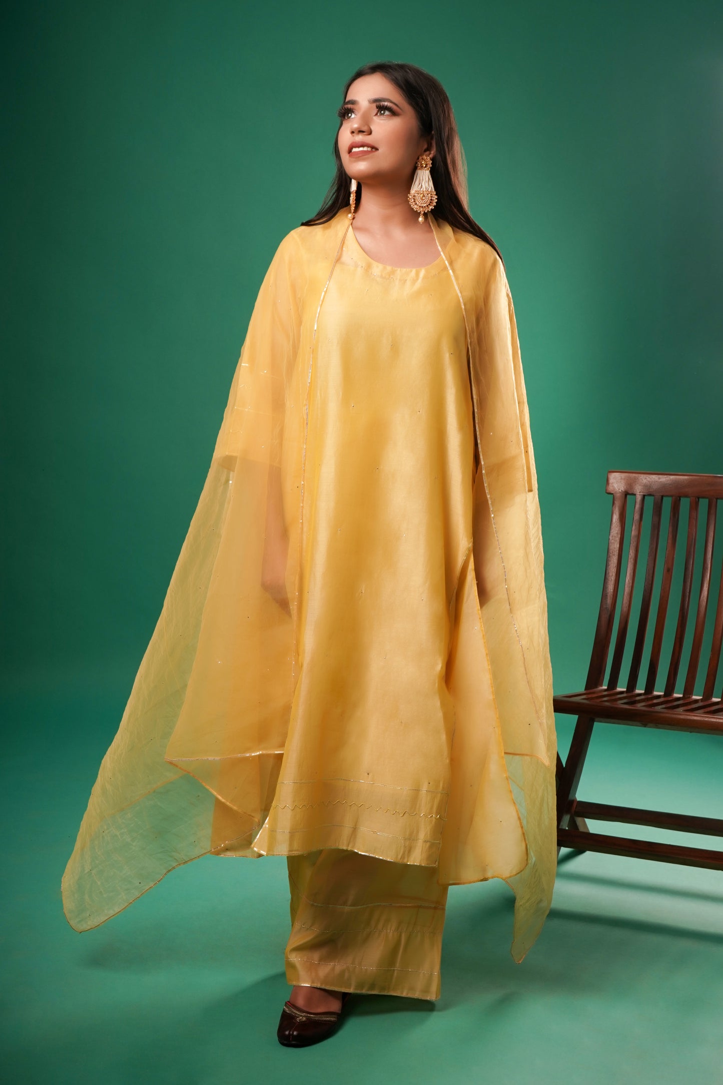 Women's Yellow Chanderi Kurta Set With Dupatta By Room9 The Popup Store