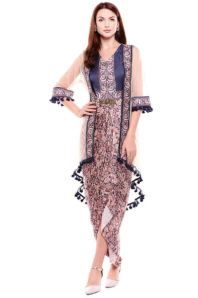 Women's Madhubani Printed Panelled Dress With Side Cuts Paired With Offwhite Net Cape By Room9 The Popup Store