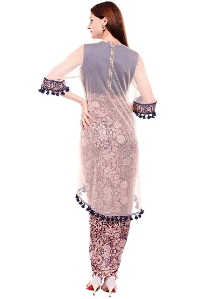 Women's Madhubani Printed Panelled Dress With Side Cuts Paired With Offwhite Net Cape By Room9 The Popup Store