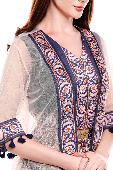 Women's Madhubani Printed Panelled Dress With Side Cuts Paired With Offwhite Net Cape By Room9 The Popup Store