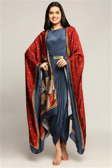 Women's Orchid Bloom Printed Drape Dress With Cape By Room9 The Popup Store