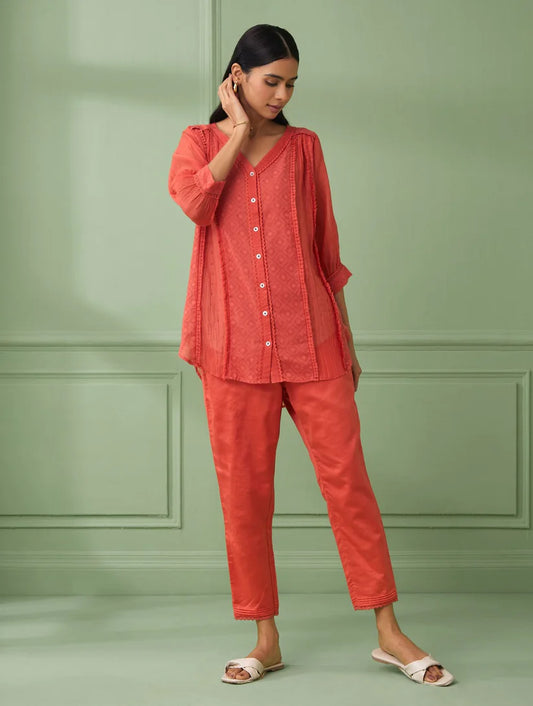 Women's Coral Shirt with Pants (Set of 3) By Room9 The Popup Store