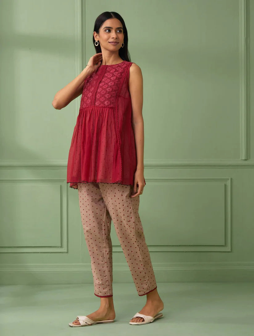 Women's Red lace Top & Pants (Set of 3) By Room9 The Popup Store