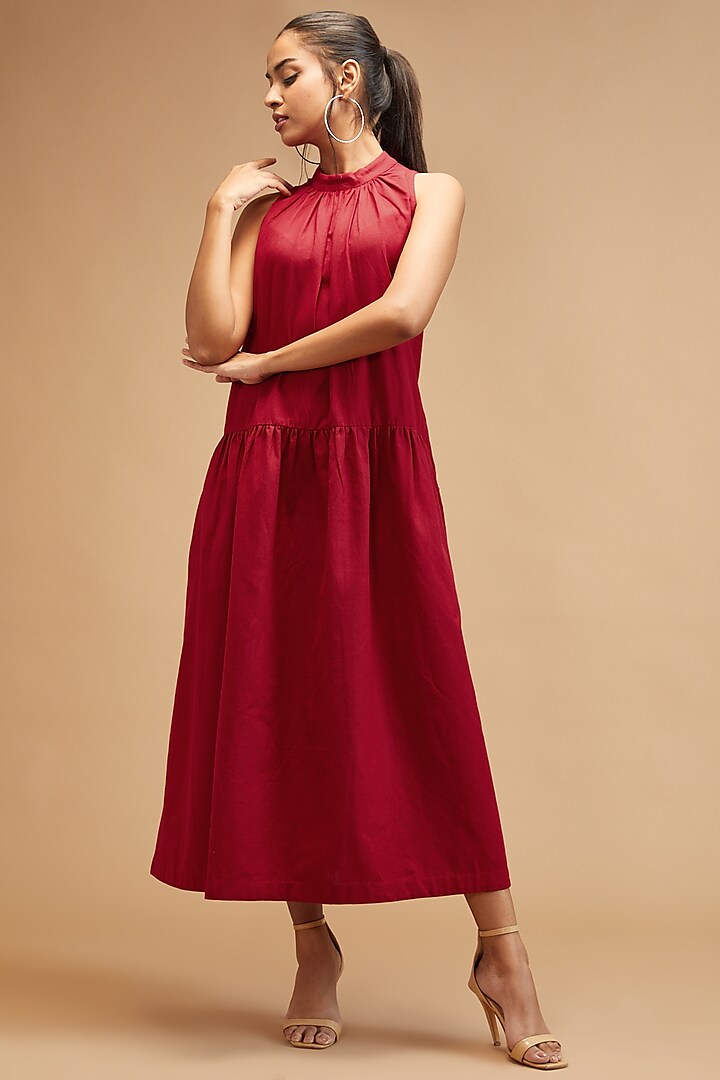 Woman's Red Handloom Cotton Maxi Dress By Room9 The Popup Store