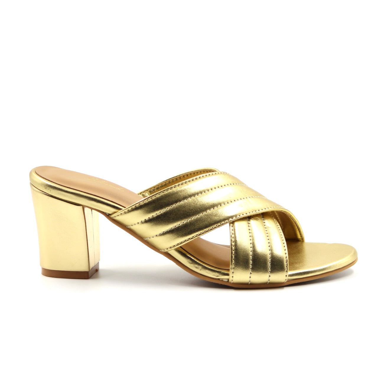 Women's YS112 Cross Strap Gold Block Heels By Room9 The Popup Store