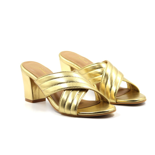 Women's YS112 Cross Strap Gold Block Heels By Room9 The Popup Store