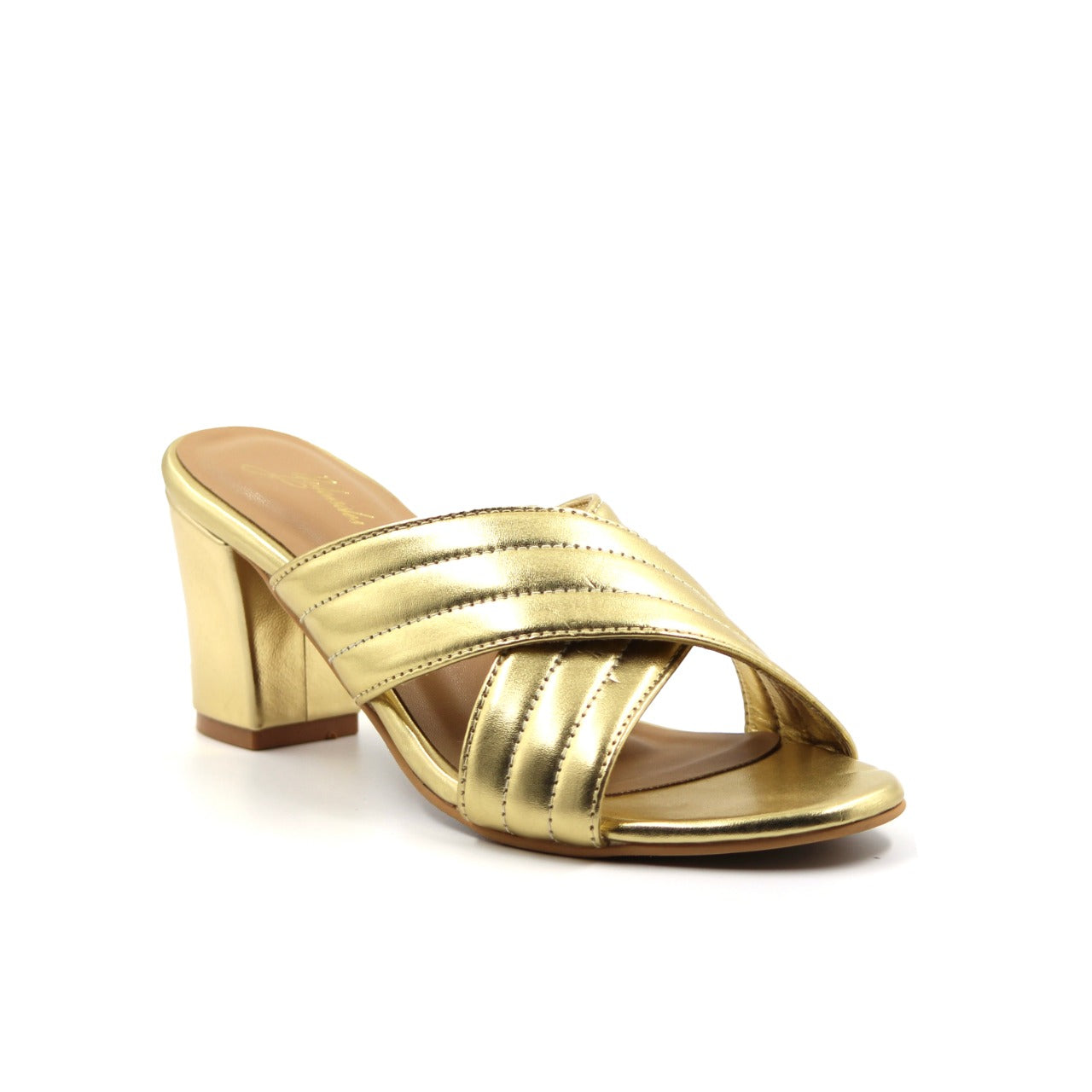 Women's YS112 Cross Strap Gold Block Heels By Room9 The Popup Store
