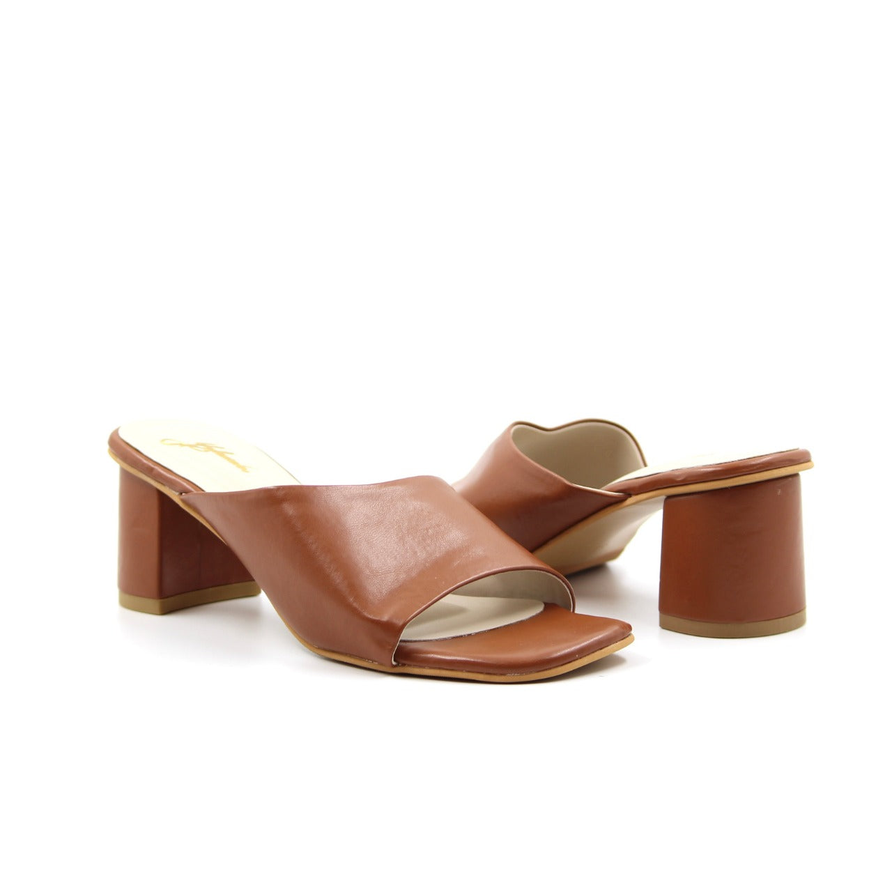 Women's YS114 Cross Strap Mules Tan Block Heels By Room9 The Popup Store