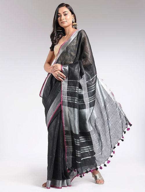 Women's Black linen saree with pink silver border By Room9 The Popup Store