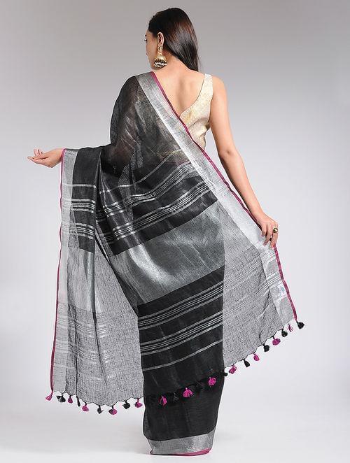 Women's Black linen saree with pink silver border By Room9 The Popup Store