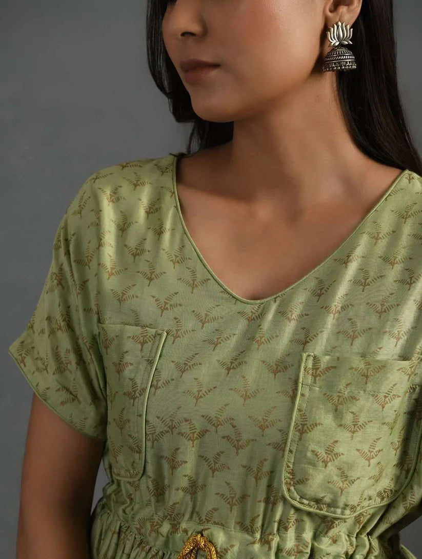 Women's Green Block Printed Handwoven Chanderi Maxi Dress By Room9 The Popup Store