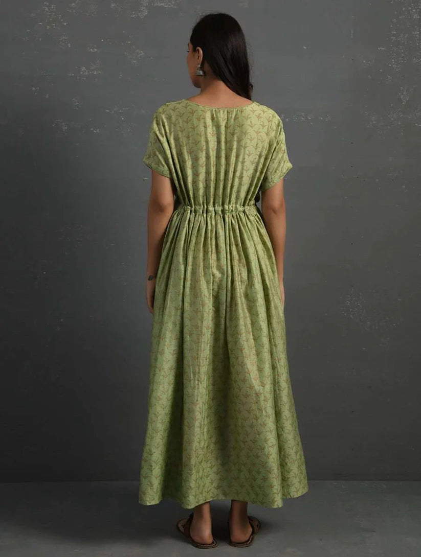 Women's Green Block Printed Handwoven Chanderi Maxi Dress By Room9 The Popup Store