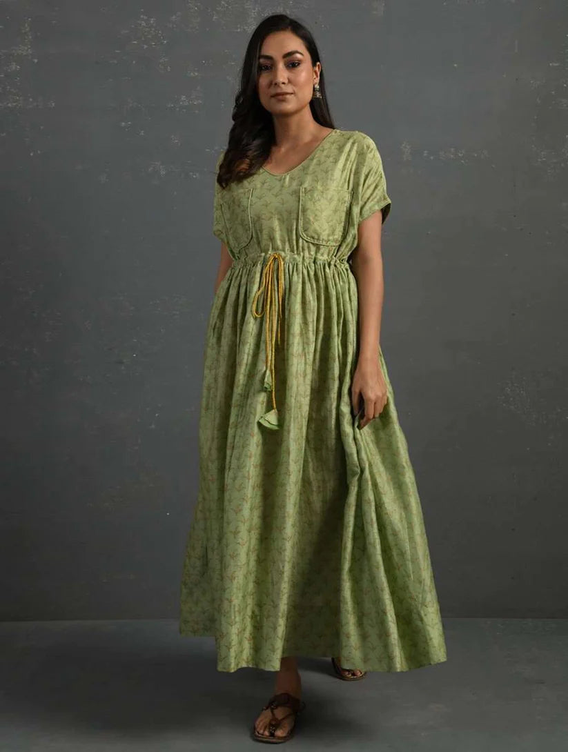 Women's Green Block Printed Handwoven Chanderi Maxi Dress By Room9 The Popup Store