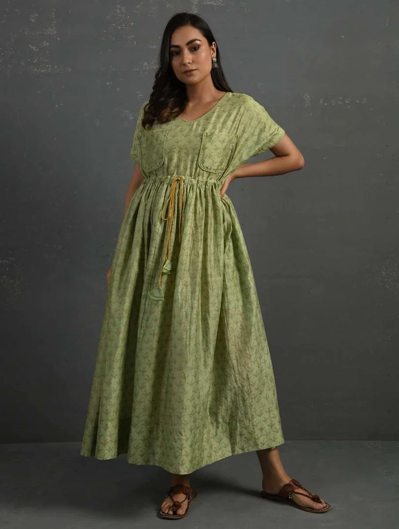 Women's Green Block Printed Handwoven Chanderi Maxi Dress By Room9 The Popup Store