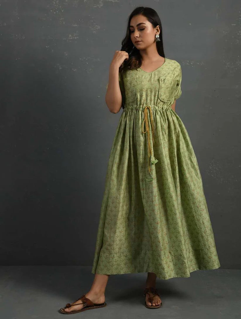 Women's Green Block Printed Handwoven Chanderi Maxi Dress By Room9 The Popup Store