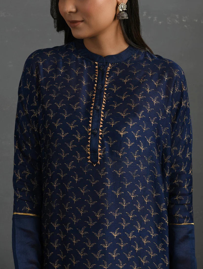 Women's Indigo Block Printed Handwoven Chanderi Kurta By Room9 The Popup Store