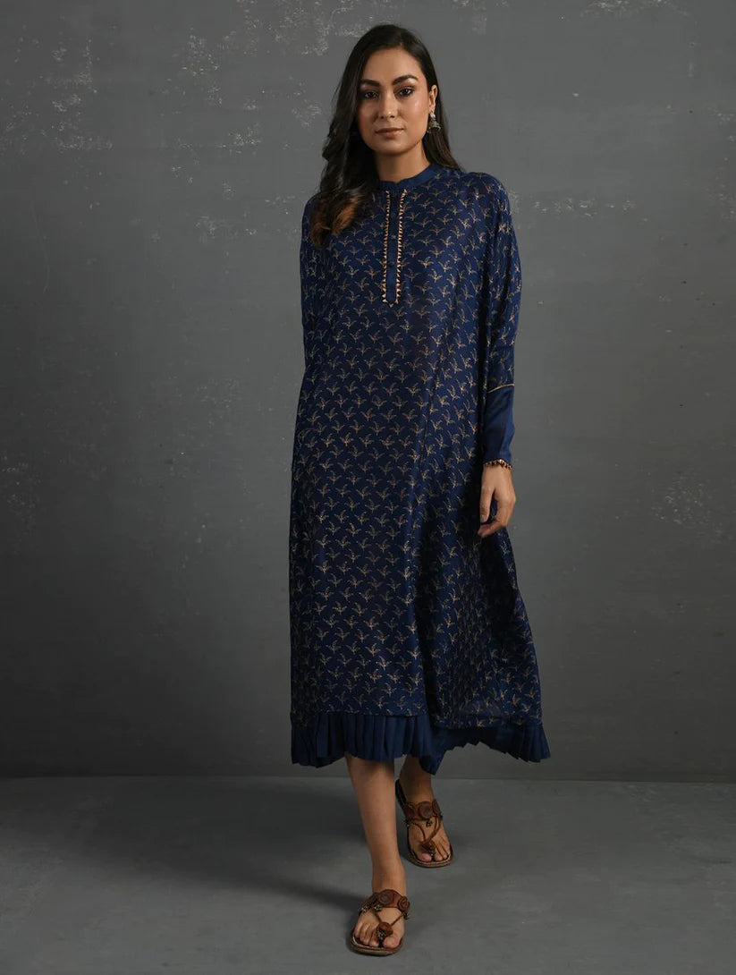 Women's Indigo Block Printed Handwoven Chanderi Kurta By Room9 The Popup Store