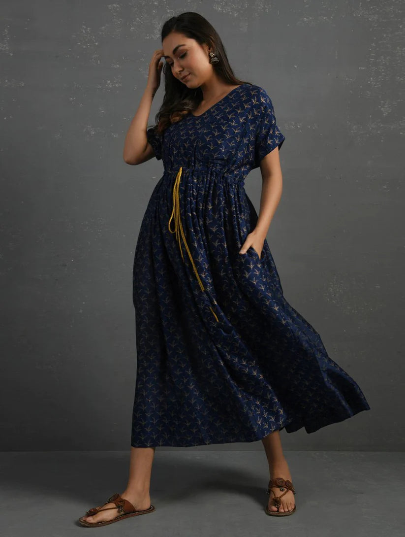 Women's Indigo Block Printed Handwoven Chanderi Maxi Dress By Room9 The Popup Store