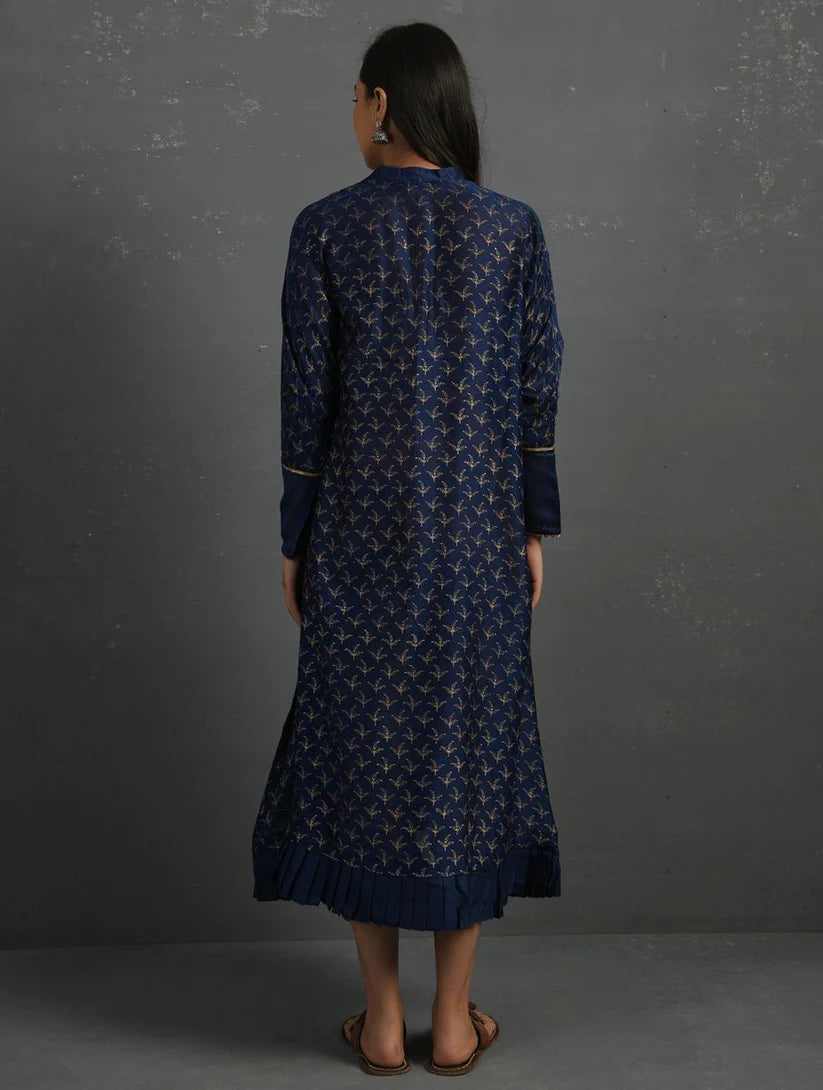 Women's Indigo Block Printed Handwoven Chanderi Kurta By Room9 The Popup Store