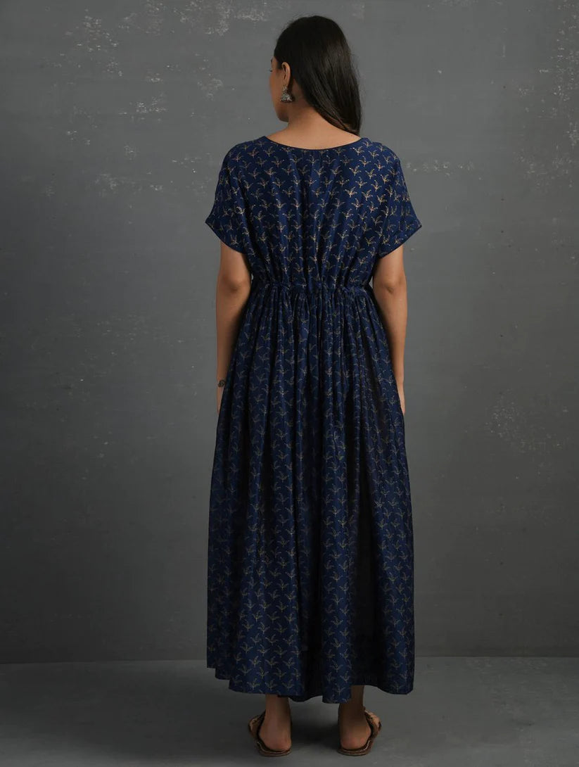 Women's Indigo Block Printed Handwoven Chanderi Maxi Dress By Room9 The Popup Store