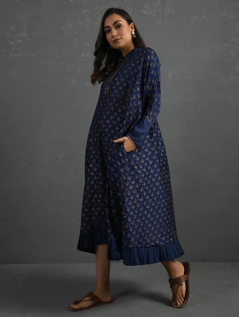 Women's Indigo Block Printed Handwoven Chanderi Kurta By Room9 The Popup Store