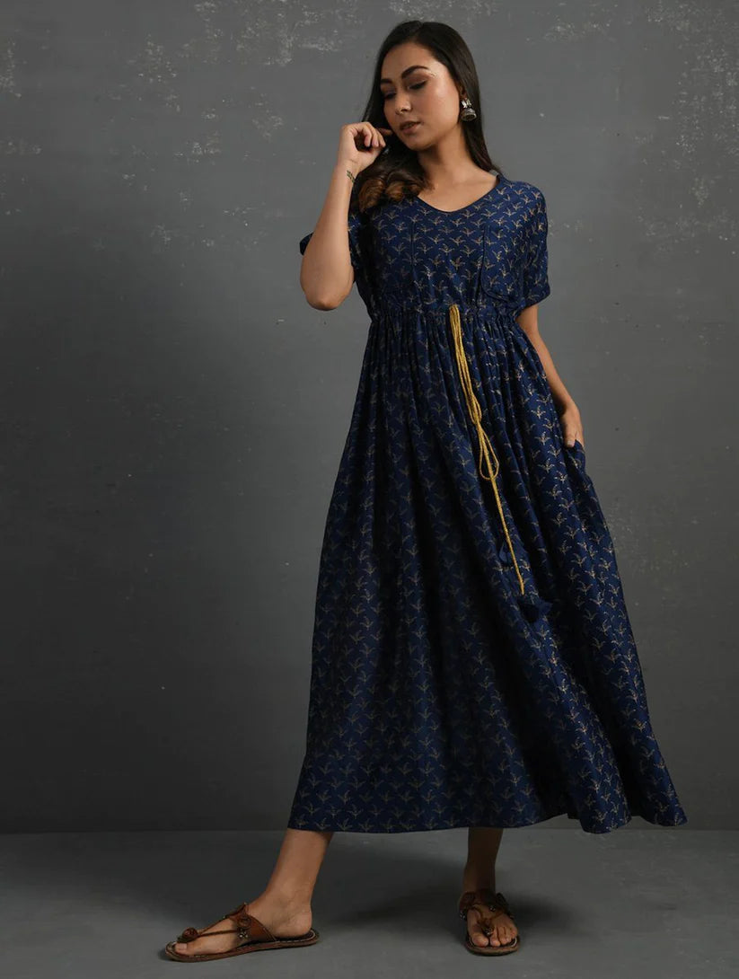 Women's Indigo Block Printed Handwoven Chanderi Maxi Dress By Room9 The Popup Store