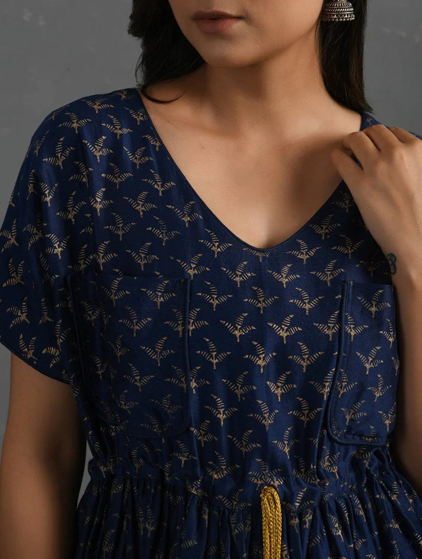 Women's Indigo Block Printed Handwoven Chanderi Maxi Dress By Room9 The Popup Store