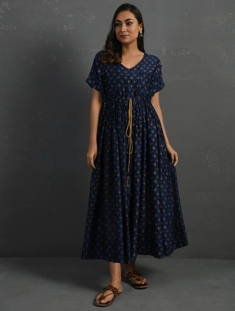 Women's Indigo Block Printed Handwoven Chanderi Maxi Dress By Room9 The Popup Store