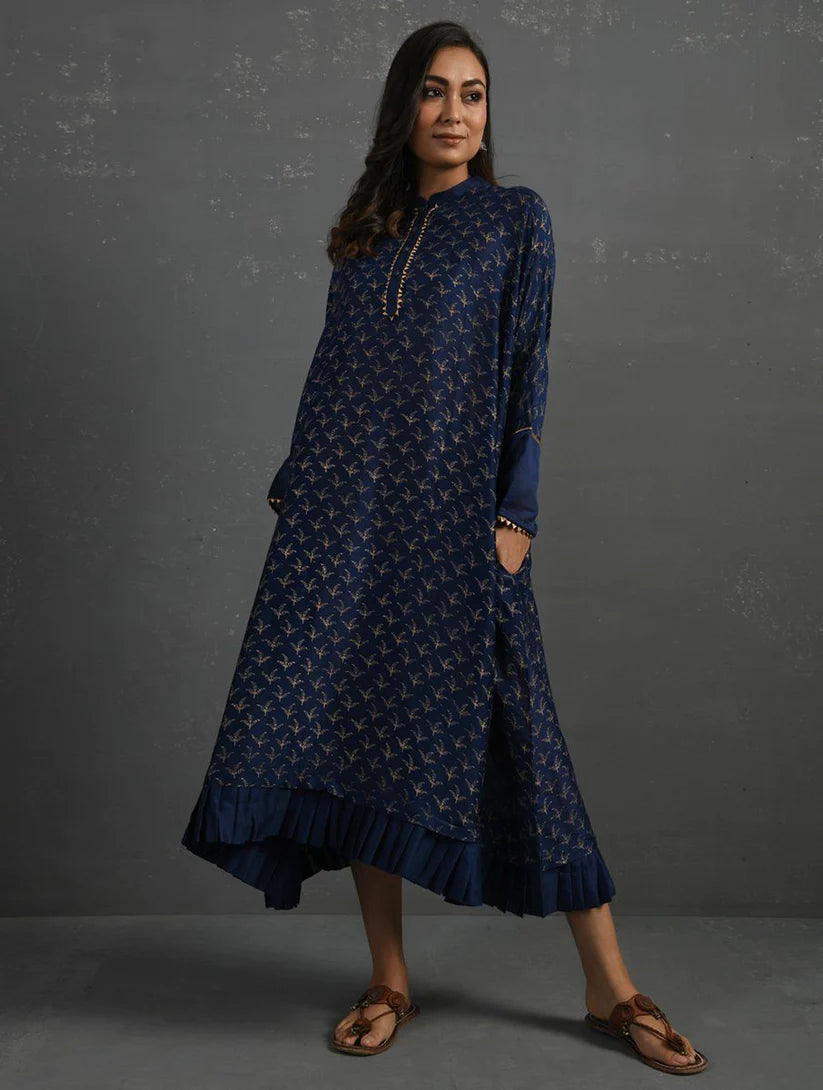 Women's Indigo Block Printed Handwoven Chanderi Kurta By Room9 The Popup Store