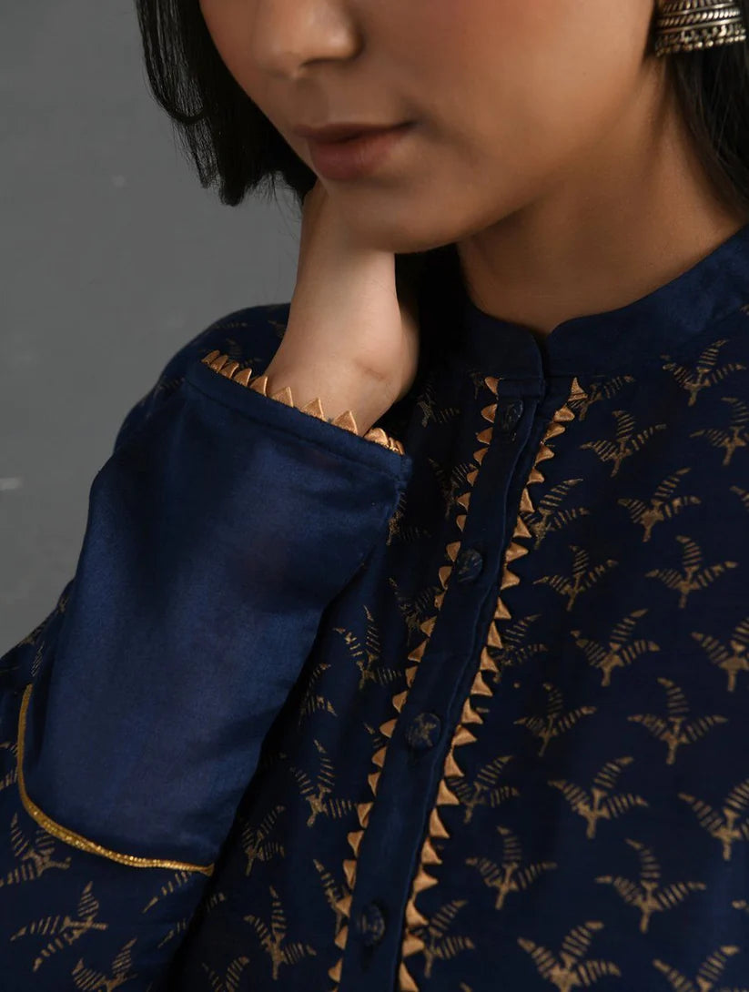 Women's Indigo Block Printed Handwoven Chanderi Kurta By Room9 The Popup Store