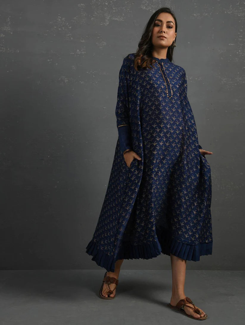 Women's Indigo Block Printed Handwoven Chanderi Kurta By Room9 The Popup Store