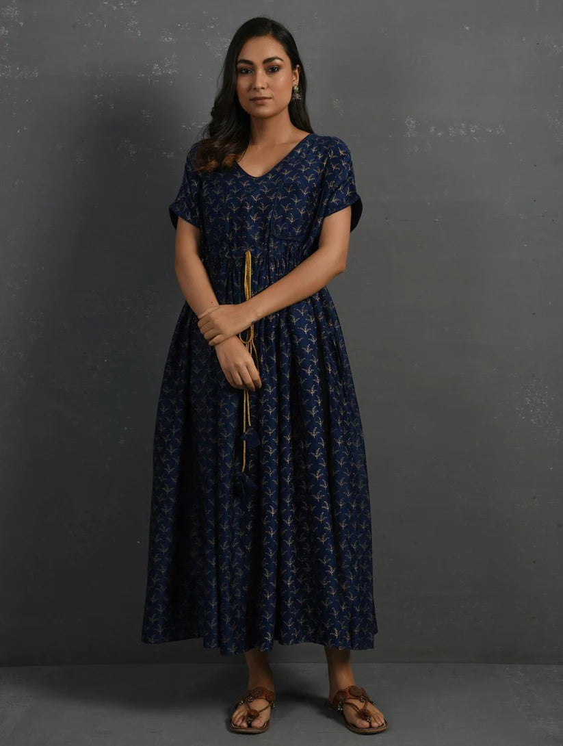 Women's Indigo Block Printed Handwoven Chanderi Maxi Dress By Room9 The Popup Store