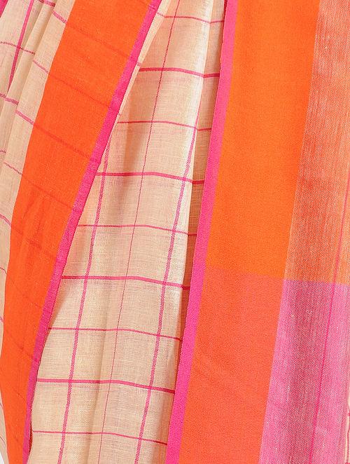 Women's Ivory Orange linen saree By Room9 The Popup Store