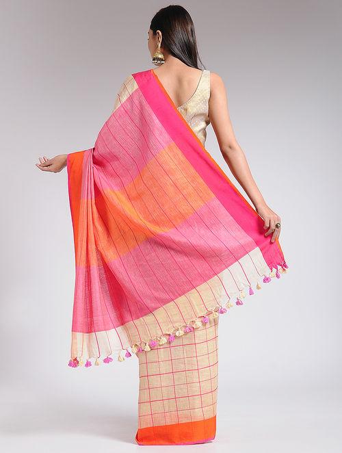 Women's Ivory Orange linen saree By Room9 The Popup Store