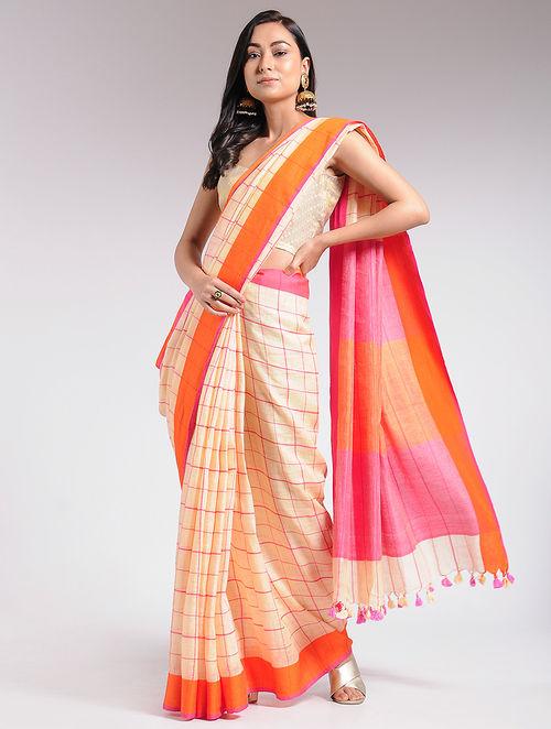 Women's Ivory Orange linen saree By Room9 The Popup Store