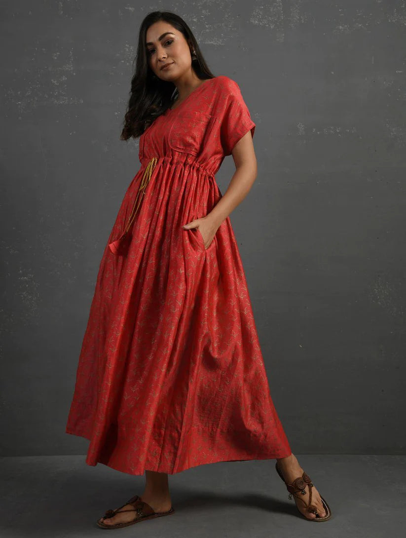 Women's Pink Block Printed Handwoven Chanderi Maxi Dress By Room9 The Popup Store