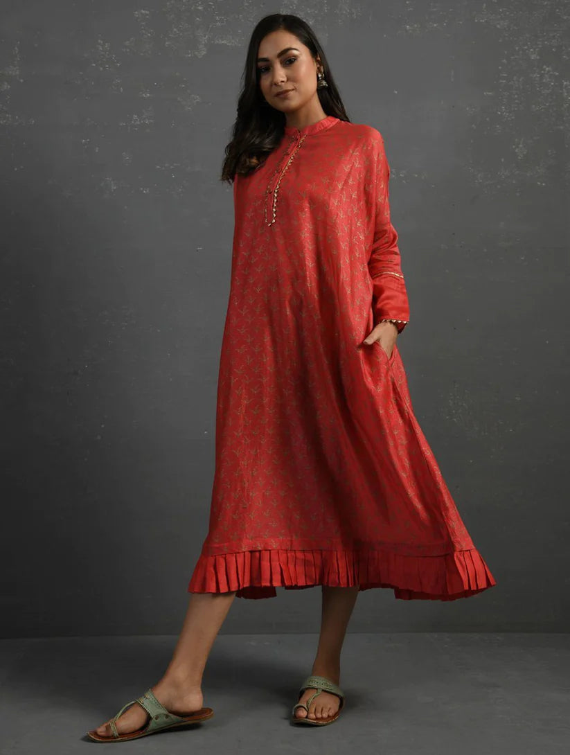 Women's Pink Block Printed Handwoven Chanderi Kurta By Room9 The Popup Store